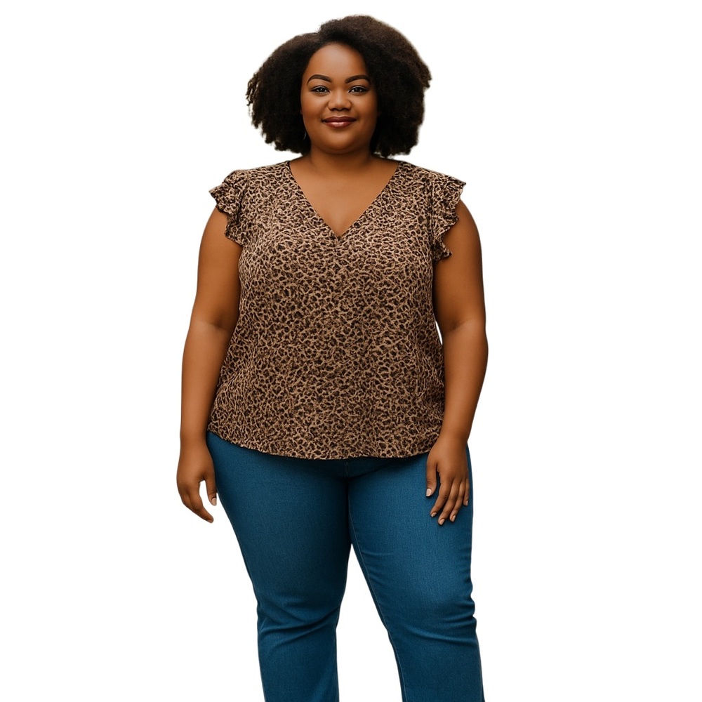 SHEIN Tan and Cream Ruffled Flutter Sleeve Blouse